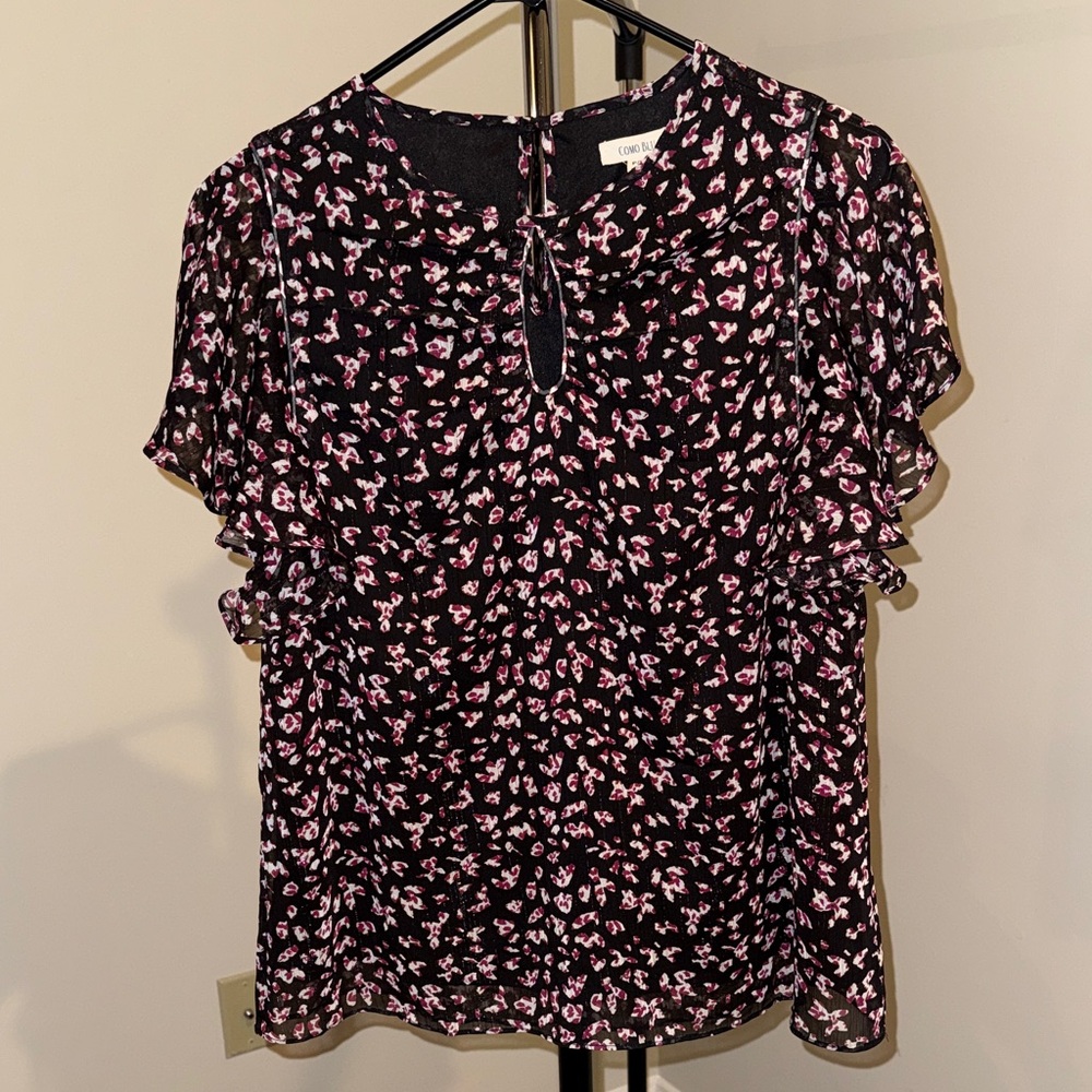 Como Blu Black and Pink Patterned Lightweight Short Sleeve Blouse
